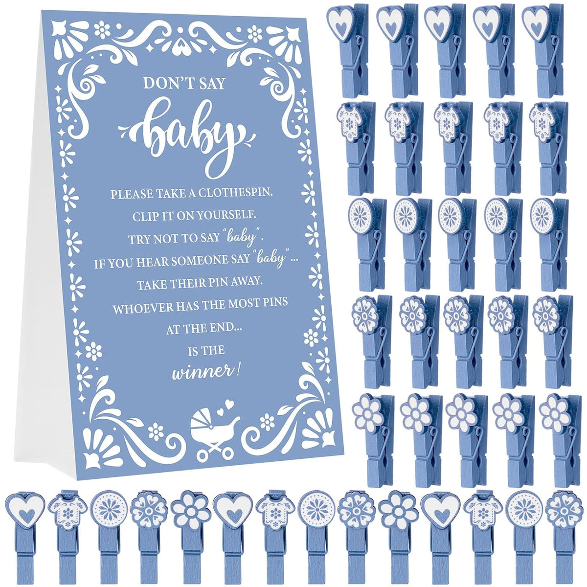 Cielito Lindo Babyshower Games Supplies Don'T Say Baby Game, 1 Sign And 50 Wooden Mini Clothespins Funny Cielito Lindo Baby Shower Party Decorations For Gender Reveal Favors(Blue)