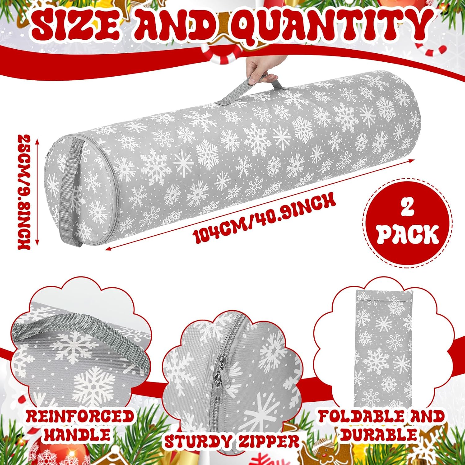 2 Pcs Christmas Wrapping Paper Storage Bags 40 Inch Snowflake Gift Wrapping Paper Organizer Storage Containers For Crafts Poster Tools, Christmas Wrap Holder, 600D Oxford