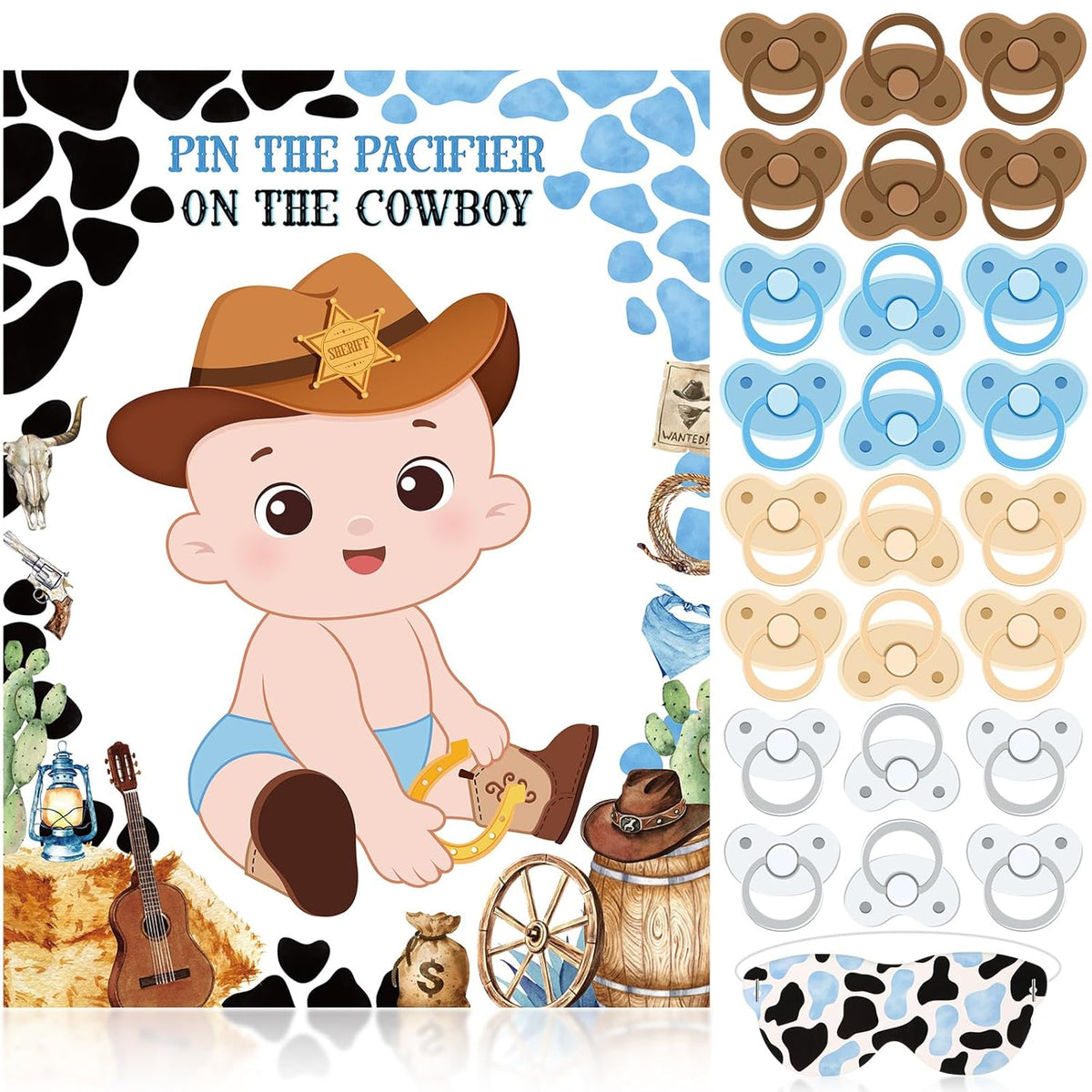 Pin The Pacifier On The Cowboy Party Games First Rodeo Party Decor Include A Baby Poster Blindfold 24 Pacifier Stickers For Western Theme Baby Shower Decorations (White,West Cowboy)