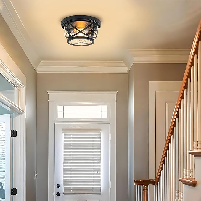 2 Light Black Farmhouse Ceiling Light with Seeded Glass Flush Mount Fixture