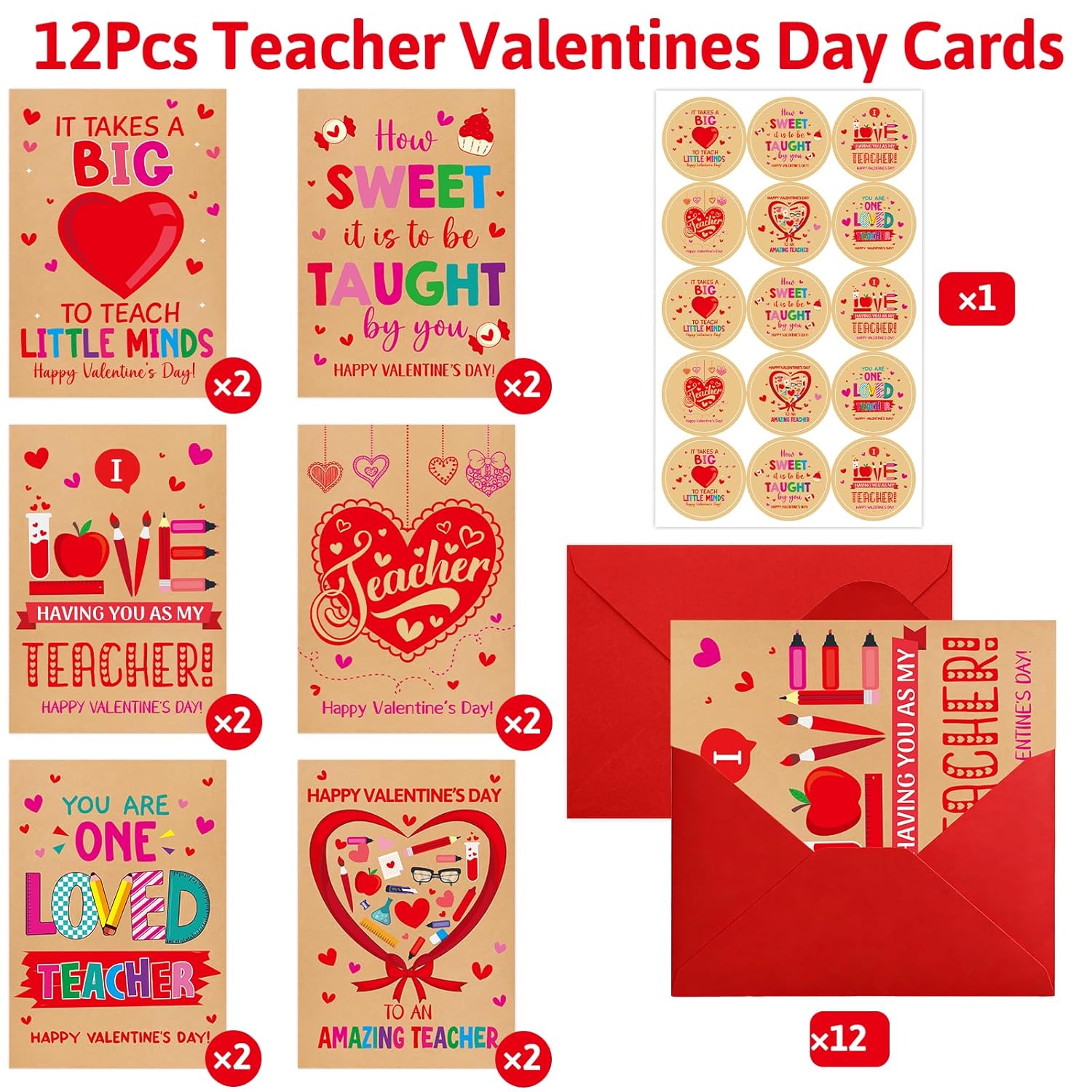 Treasure Cove Valentines Day Cards for Teachers Kraft Happy Valentine's Day Cards with Envelopes for Teachers Appreciation Gift 12Pcs