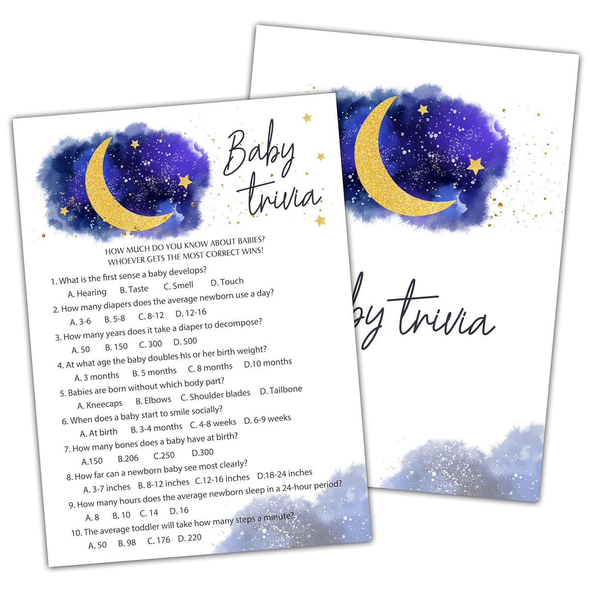 Baby Shower Games For Boy Girl, Over The Moon Baby Trivia Baby Shower Game, Blue Twinkle Twinkle Little Star Baby Shower Games, Gender Reveal Games, 25 Cards (Moonstar002)