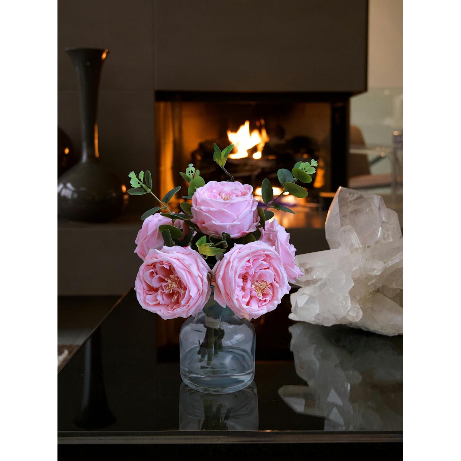 Real Touch Pink Floral Rose Fake Flower Bouquet In Fake Water Silk Flower Arrangements Artificial Flowers With Vase Centerpieces For Center Table Decor Dining Room House Kitchen Decorations
