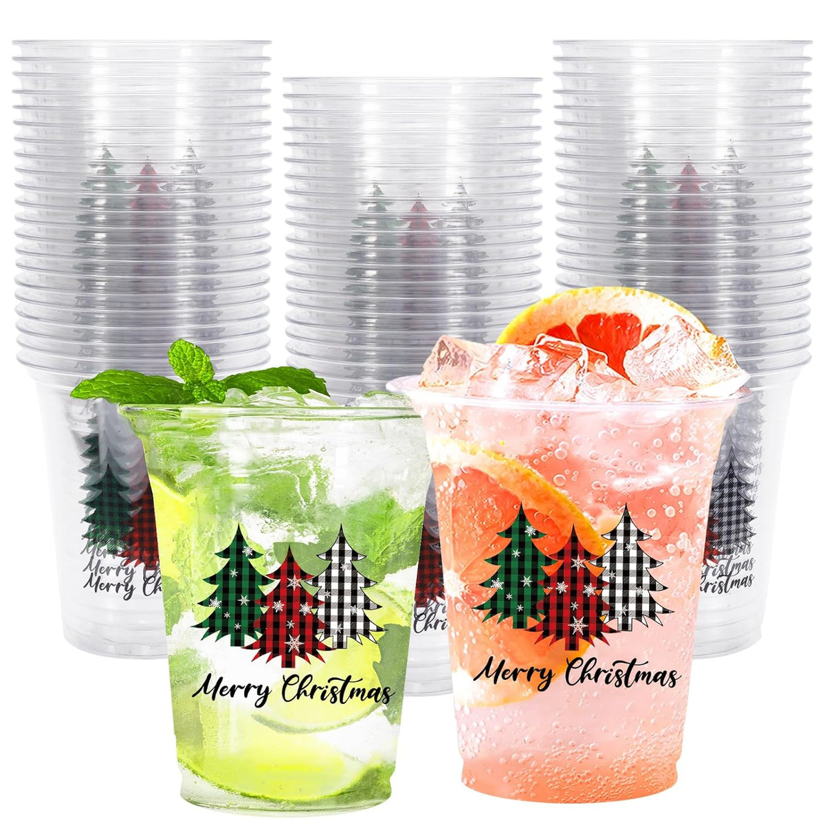 50Pcs 12Oz Christmas Disposable Cups Black Green Red Plaid Plastic Party Cups Christmas Tree Clear Plastic Glasses For Xmas Holiday Coffee Juice Hot Cold Drinks Party Supplies