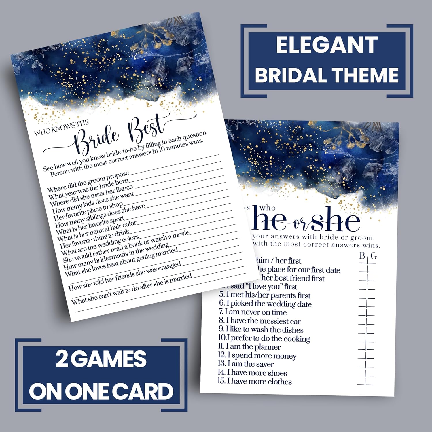 Blue Bridal Shower Games - Bundle Includes He Said Or She Said & Who Knows The Bride Best - 25 Double-Sided Cards - Fun Ideas For Engagement Parties & Rehearsal Dinners - Gold Floral Design