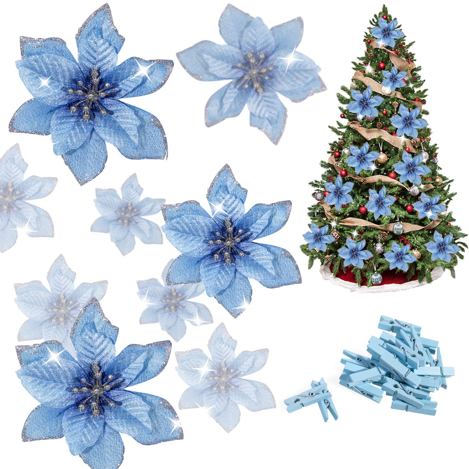 24 Pcs Blue Poinsettia Artificial Christmas Flowers With 24 Pack Clips, Glitter Christmas Tree Ornaments Xmas Wedding Party Decor (13 X 13 Cm)