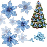 24 Pcs Blue Poinsettia Artificial Christmas Flowers With 24 Pack Clips, Glitter Christmas Tree Ornaments Xmas Wedding Party Decor (13 X 13 Cm)