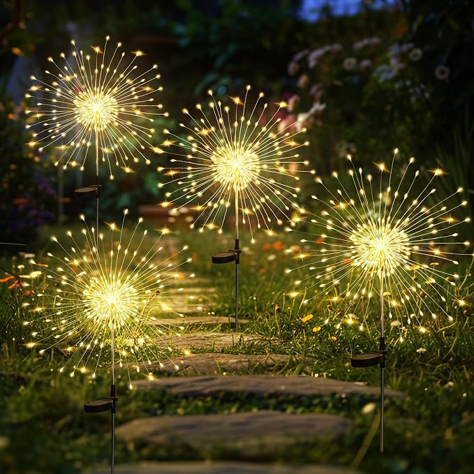 4 Pack Solar Garden Lights 120 LED Warm White Fairy Firework Lights for Yard Pathway Patio Outdoor Decor