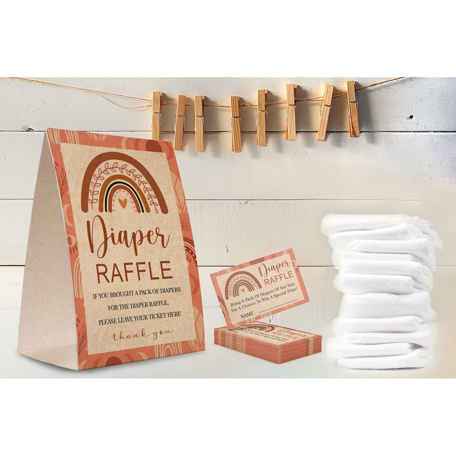 Kraft Paper Diaper Raffle Sign & 50 Guessing Cards - Baby Shower Game Kit - Rustic, Multicolored - Ages 0-36