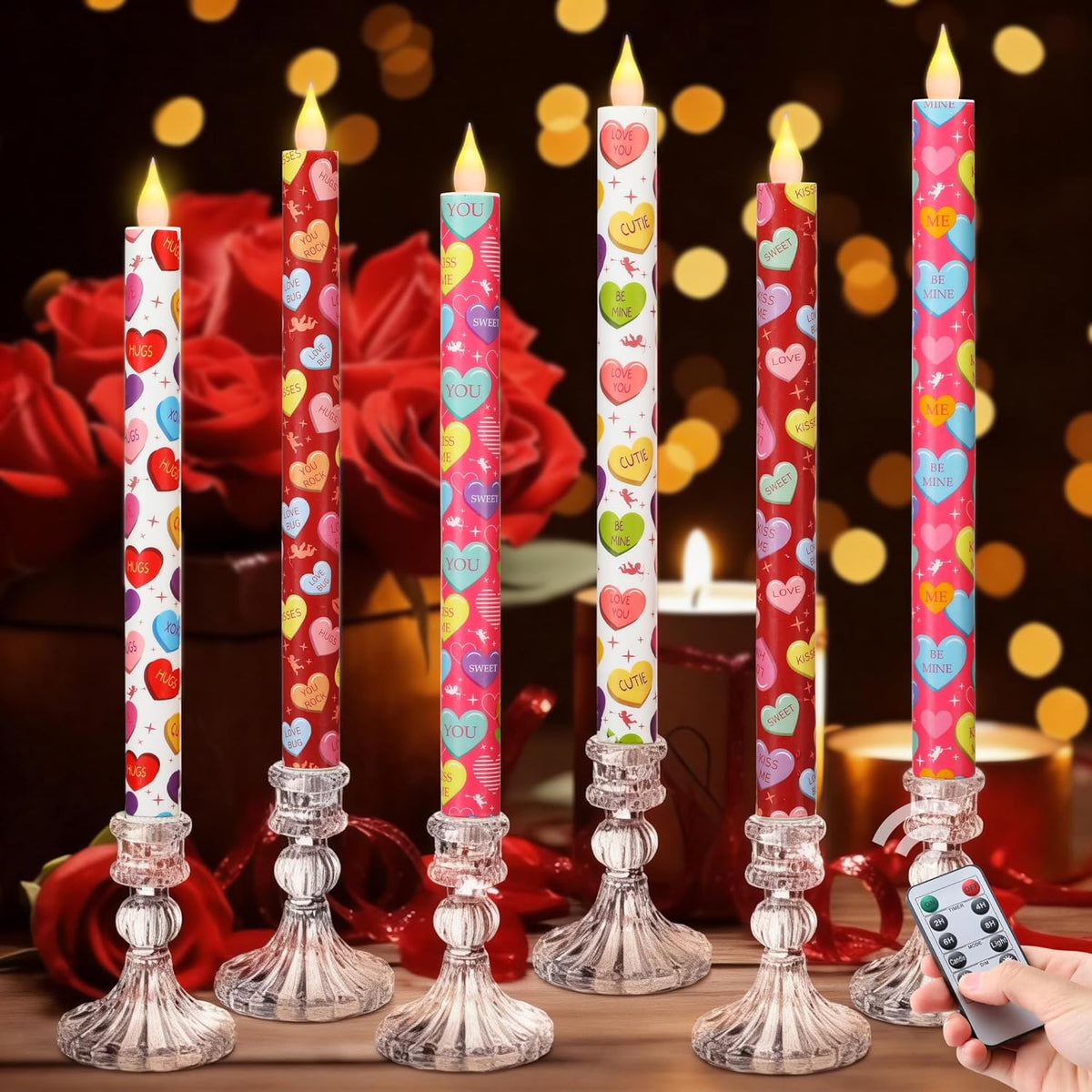 6 Pcs Valentine Day Flameless Taper Candles Battery Operated With Remote 10.6 Inch Romantic Conversation Heart Shaped Candles For Night Valentines Gifts Anniversary Festival Gift Decor