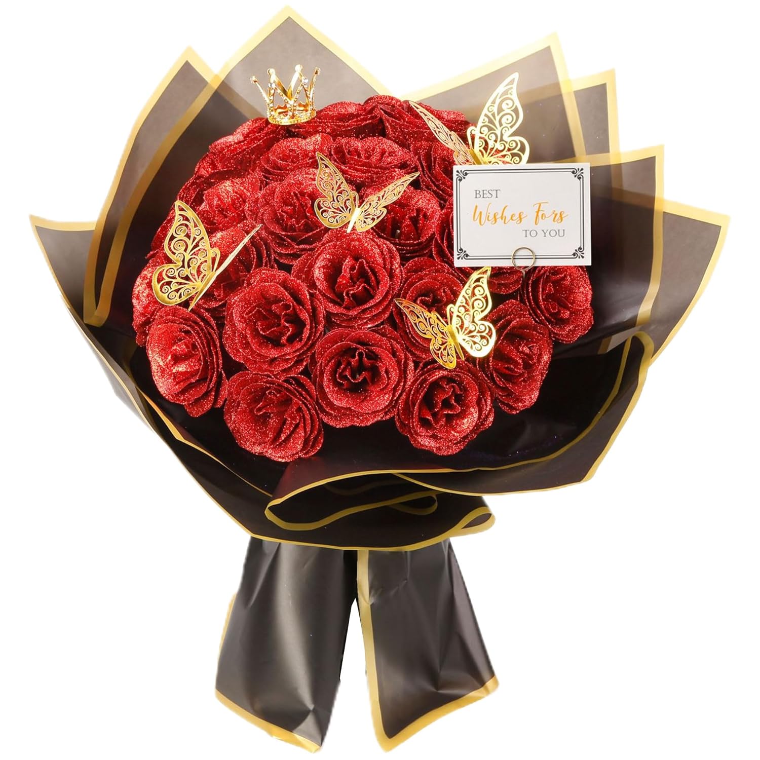 Red Glitter Roses Bouquet, 30 Pcs Diy Fake Flowers Bouquet, Everlasting Shiny Artificial Rose Bouquet For Valentine'S Day, Anniversary, Engagement, Wedding