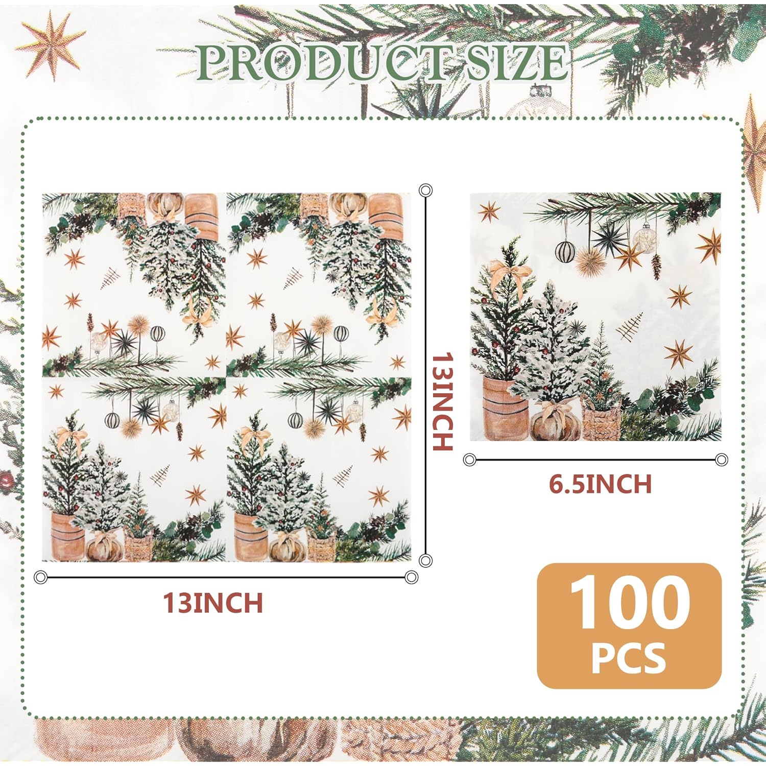 100Pcs Xmas Trees Holly Pine Cone Paper Napkins Winter Greenery Disposable Party Napkin 6.5" Christmas Cozy Boho Luncheon Hand Towel For Decoupage Holiday Party Table Decor