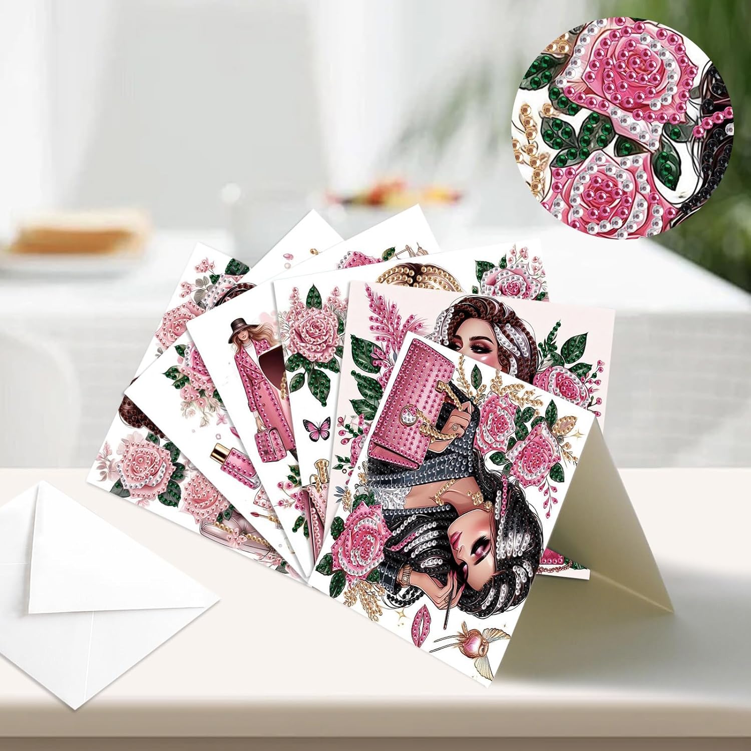 6 Pack 5D Diamond Painting Greeting Cards, Elegant Woman With Floral Design Diy Diamond Art Cards With Envelopes, Handmade Rhinestone Birthday Wedding Thank You Cards For Adults