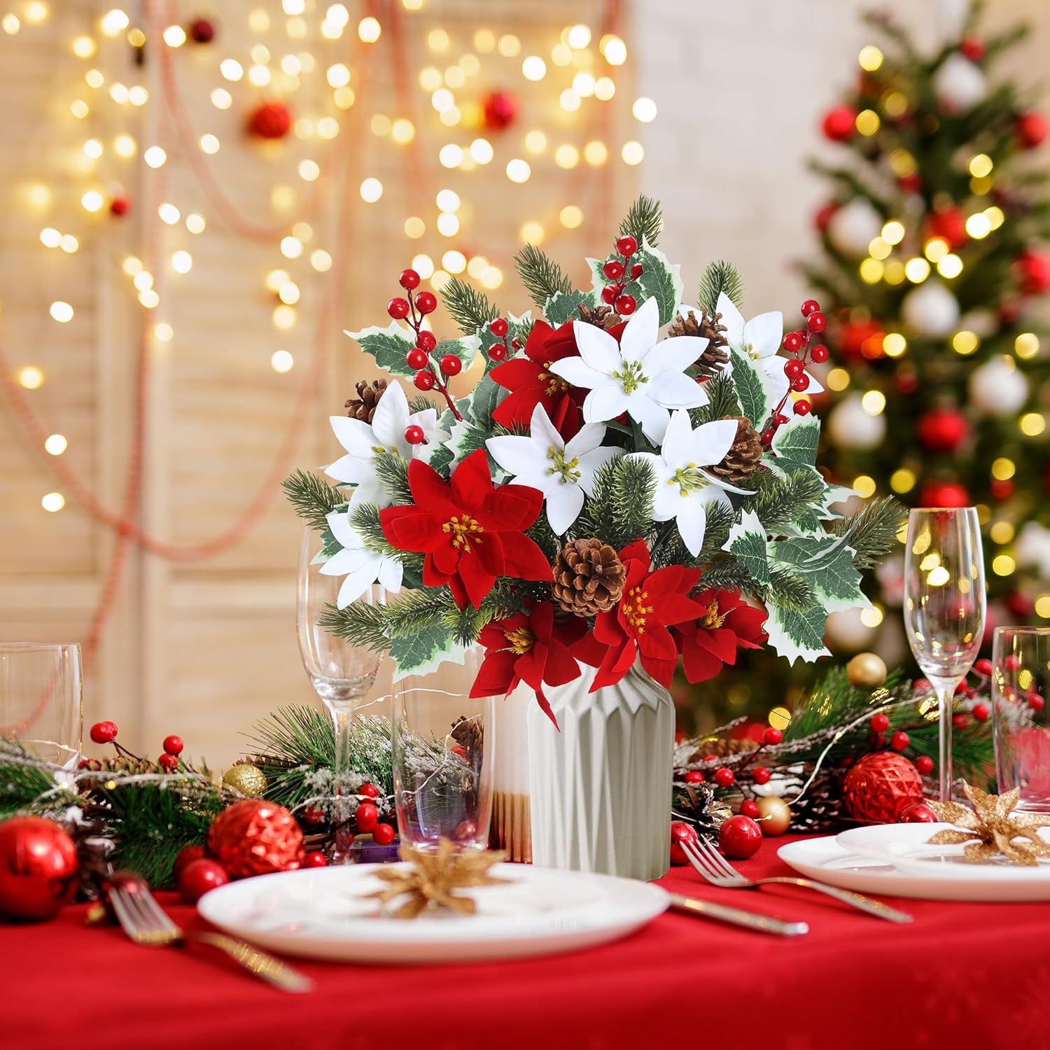 14Pcs Christmas Flowers Artificial Poinsettia Bouquet 18’’ Pine Branches Red Berry Stems Holly Leave Picks With Pinecones For Home Porch Garden Indoor Outdoor Holiday Xmas Decorations