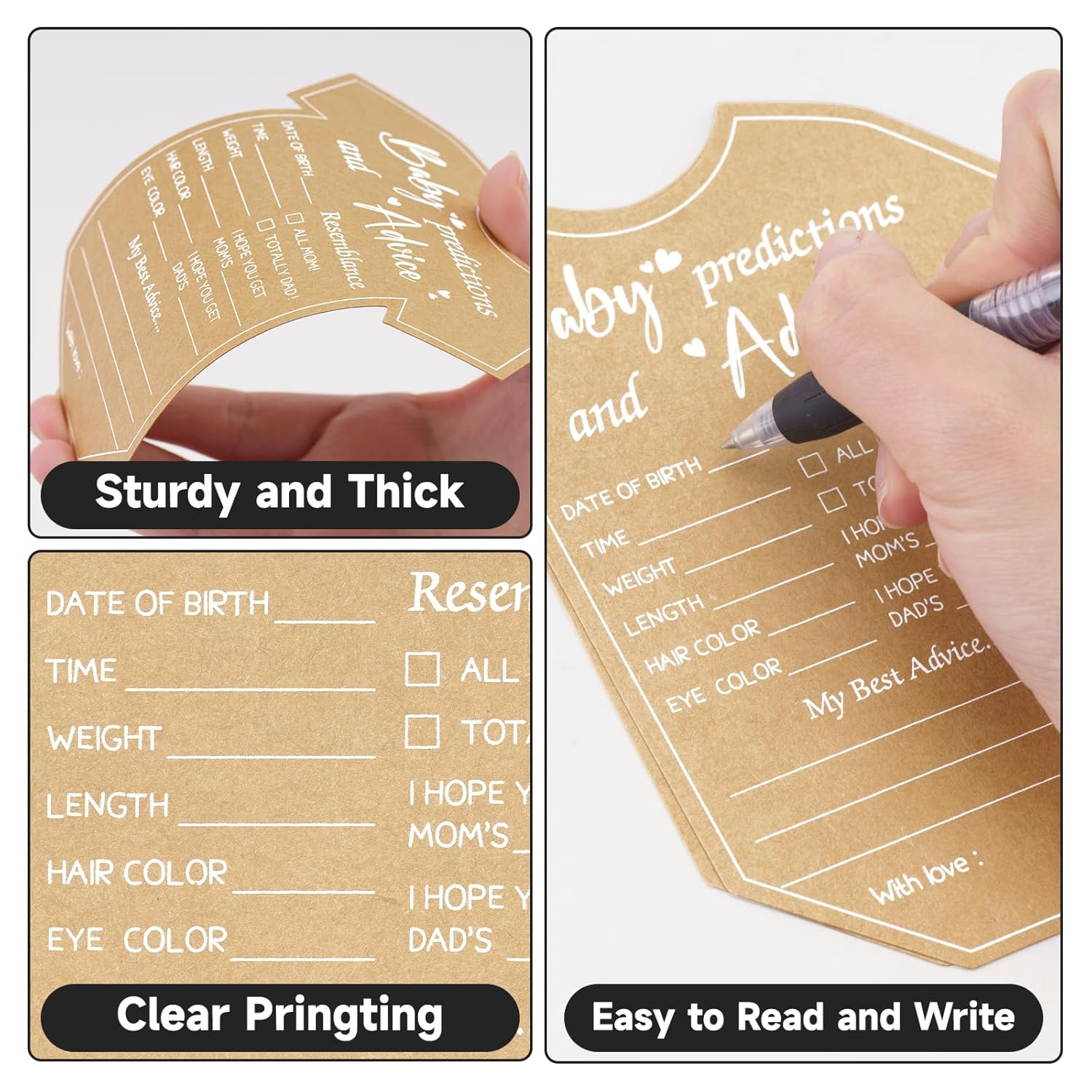 50Pcs Baby Advice Cards, Onesie Baby Shower Predictions And Advice Cards For Parents To Be, Wishes Card For New Parents, Gender Reveal Girls Boys Game Party Decorations(5.2X6In, Kraft, White)