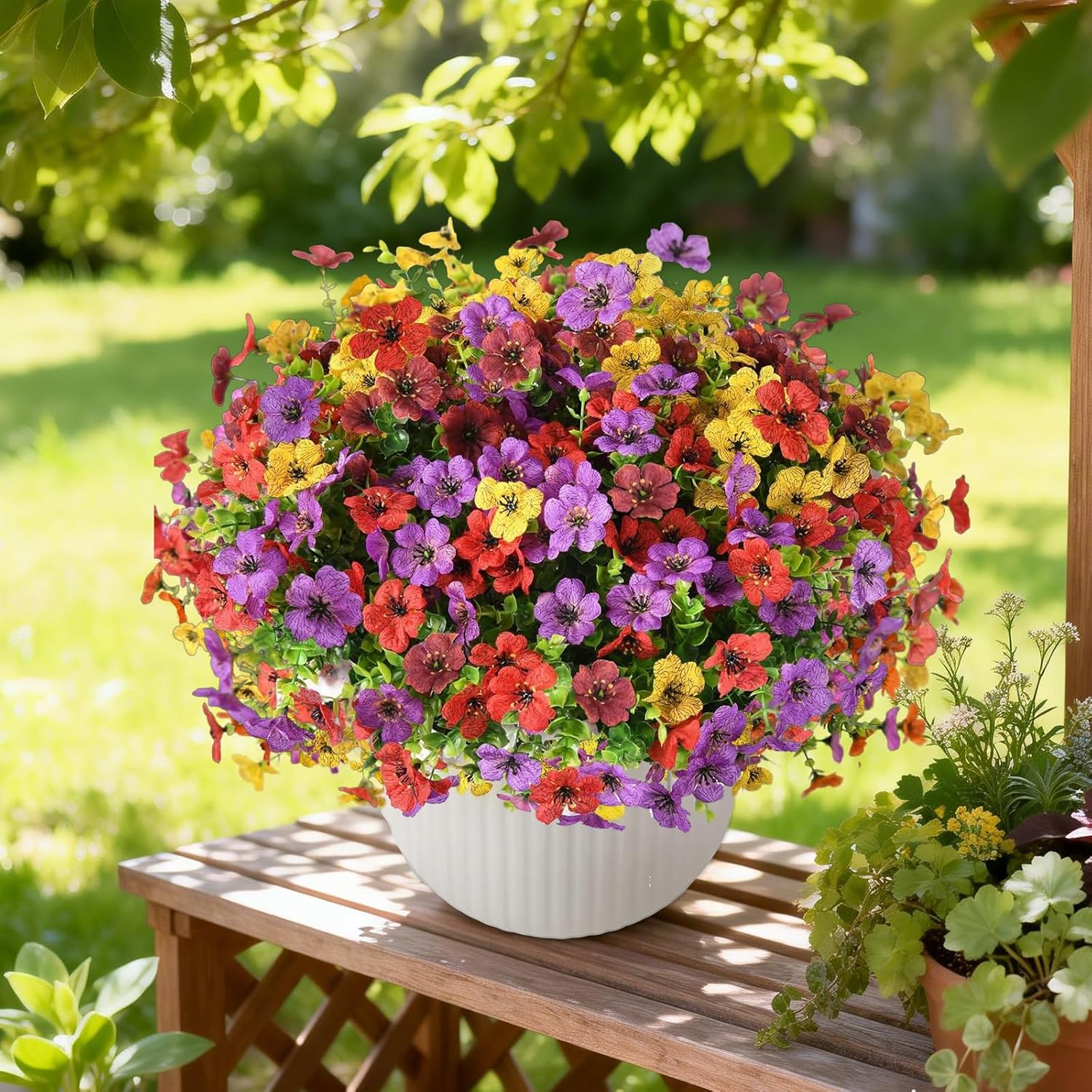 Artificial Flowers For Outdoors, 12 Bundles Fake Daisy Flowers Spring Decor, Uv Resistant Faux Flower Daisy With Eucalyptus For Garden Porch Planter Box (Mix Pink Red Purple Yellow)