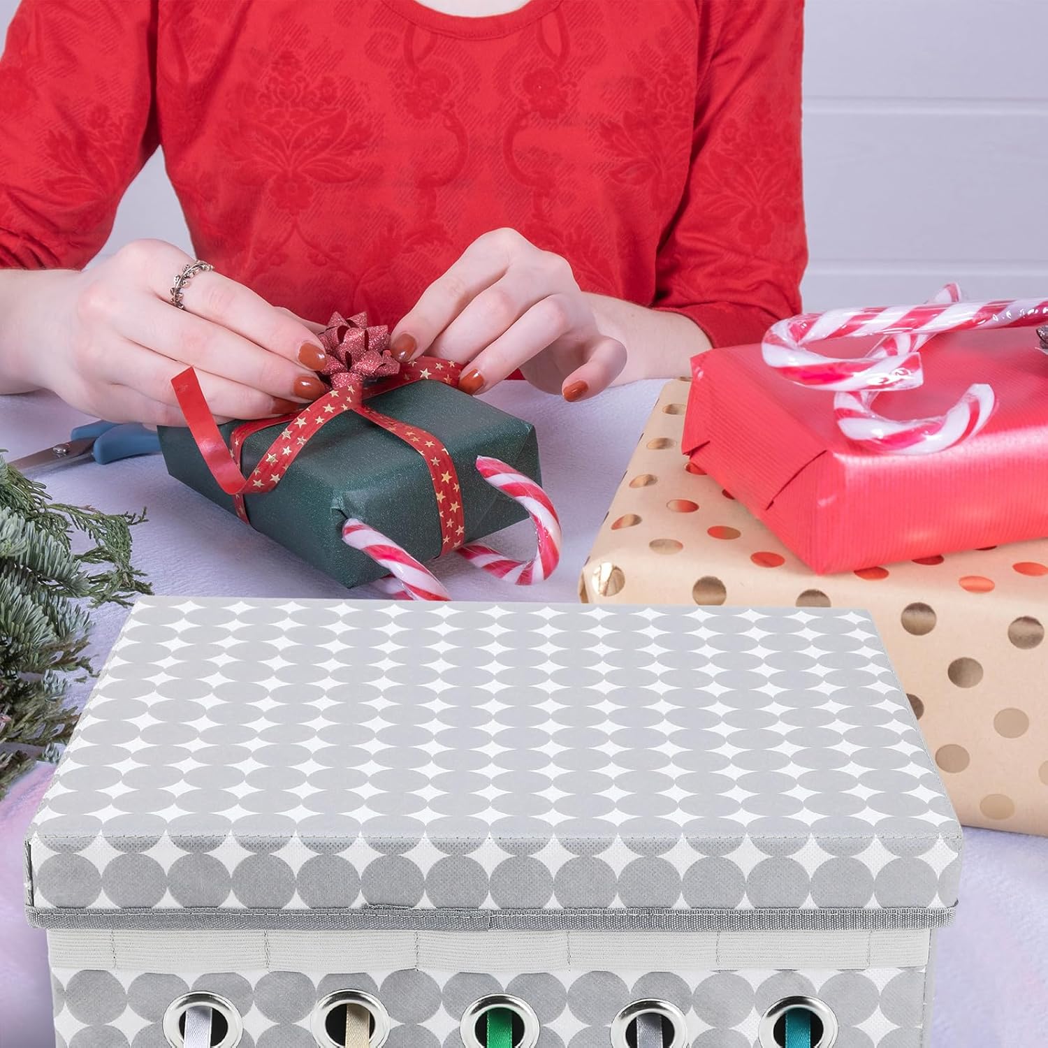 2 Pack Christmas Ribbon Organizer Container Box With Lid Gift Ribbon Organizer 11" X 14" X 5" For Craft Room(Grey,A)