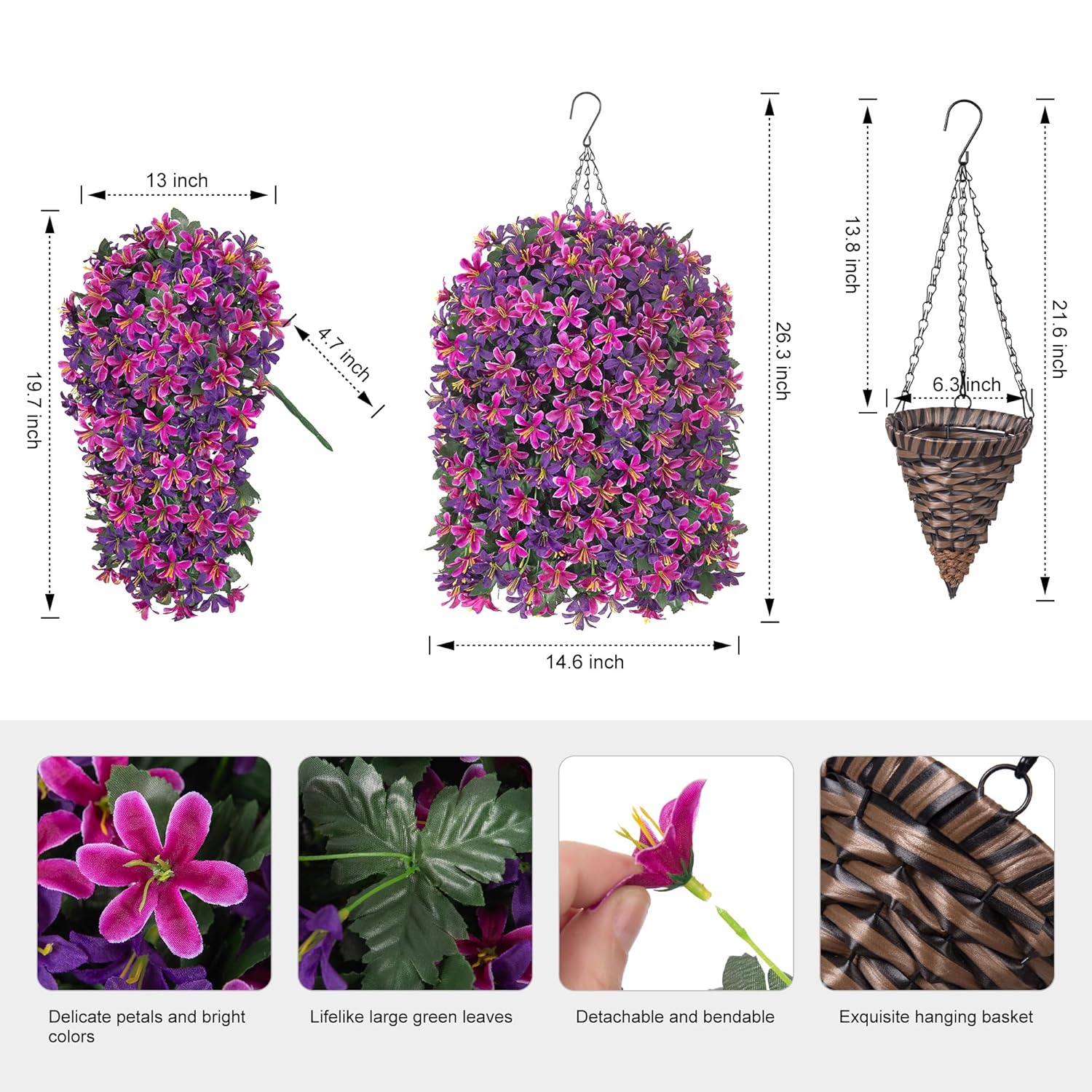 Artificial Flowers Plants For Outdoor With Basket, 4Pcs Silk Hanging Faux Flowers Long Trailing Vines For Outside Home Porch Patio Decoration, Fuchsia & Purple