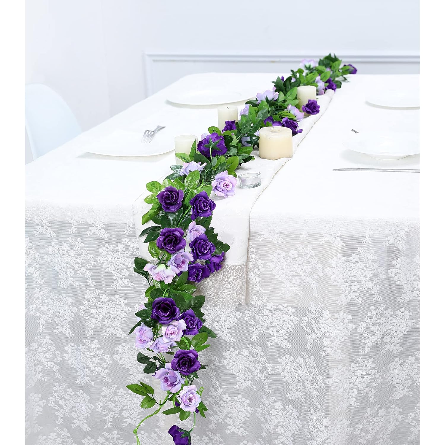 2 Pack Artificial Flower Garlands 15.8Ft Fake Rose Vines Silk Flowers Hanging Rose Ivy For Wedding Arch Party Home Garden Wall Decor (Purple)