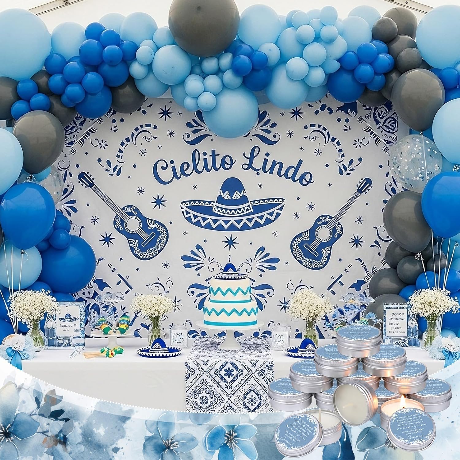 50 Pcs Cielito Lindo Party Favors Mexican Jar Candles Gift For Guests 1 Oz Lavender Scented Soy Wax Candles Bulk Favors For Birthday Baby Shower Party Supplies (Blue)