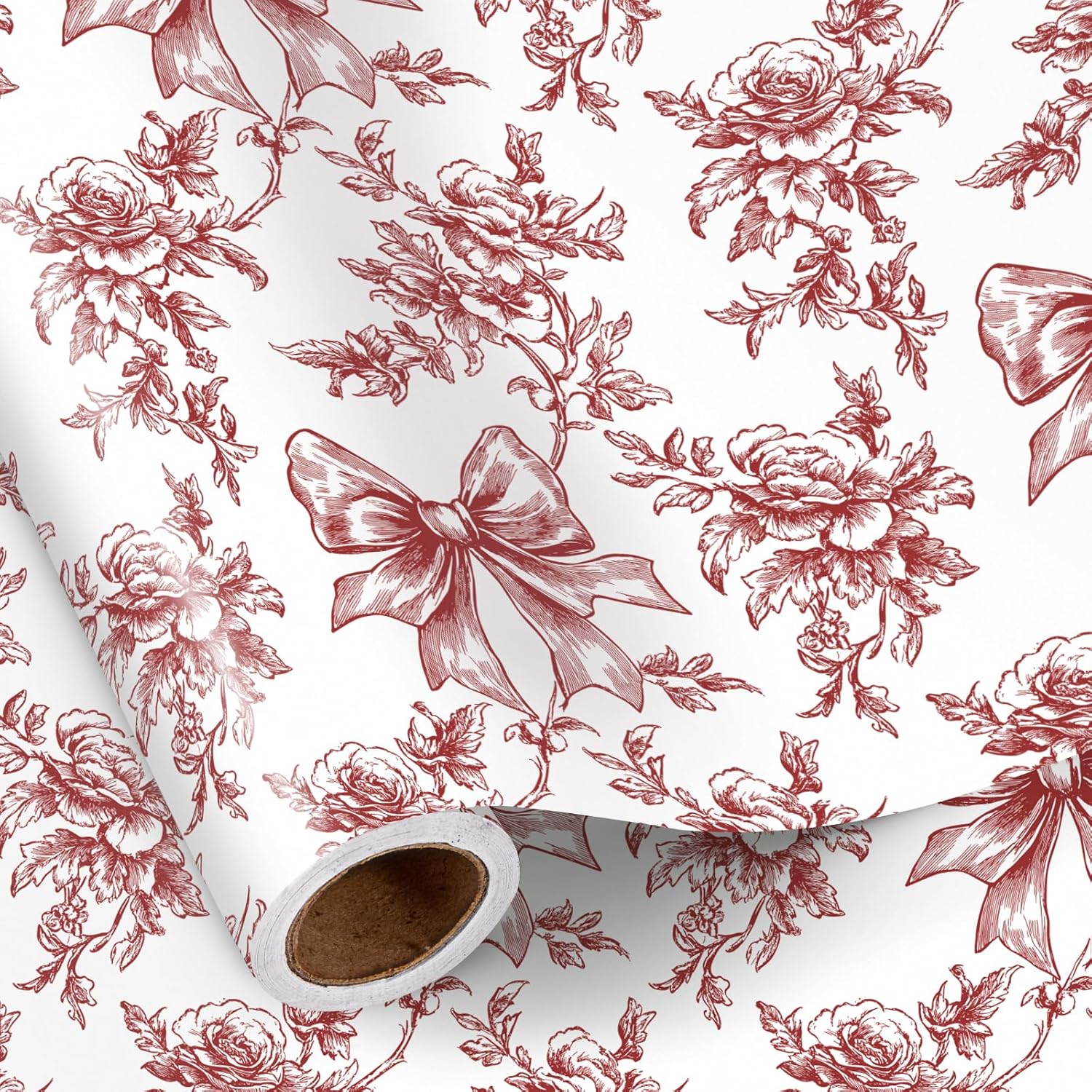 Vintage Floral Bow Wrapping Paper Roll, Mini Roll, Elegant Roses And Bows Design, Classic Red White Gift Wrap For Girls, Wedding, Birthday, Valentine'S Day, Christmas, 17 Inches X 16.4 Feet