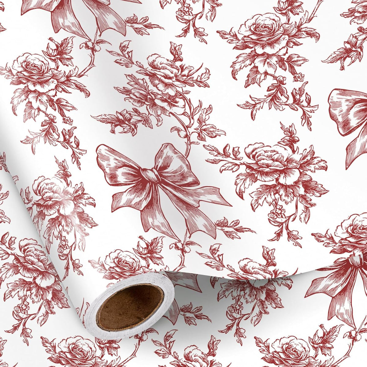 Vintage Floral Bow Wrapping Paper Roll, Mini Roll, Elegant Roses And Bows Design, Classic Red White Gift Wrap For Girls, Wedding, Birthday, Valentine'S Day, Christmas, 17 Inches X 16.4 Feet