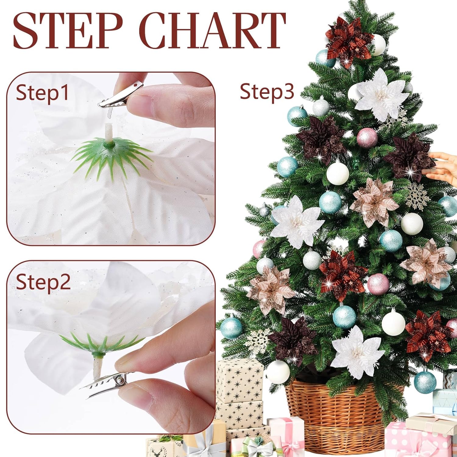 24 Pcs Brown Christmas Poinsettia Flower Decorations 5.5" Glitter Poinsettia Artificial Flowers Picks Christmas Tree Ornaments For Diy Xmas Holiday Wreaths Garland Decoration
