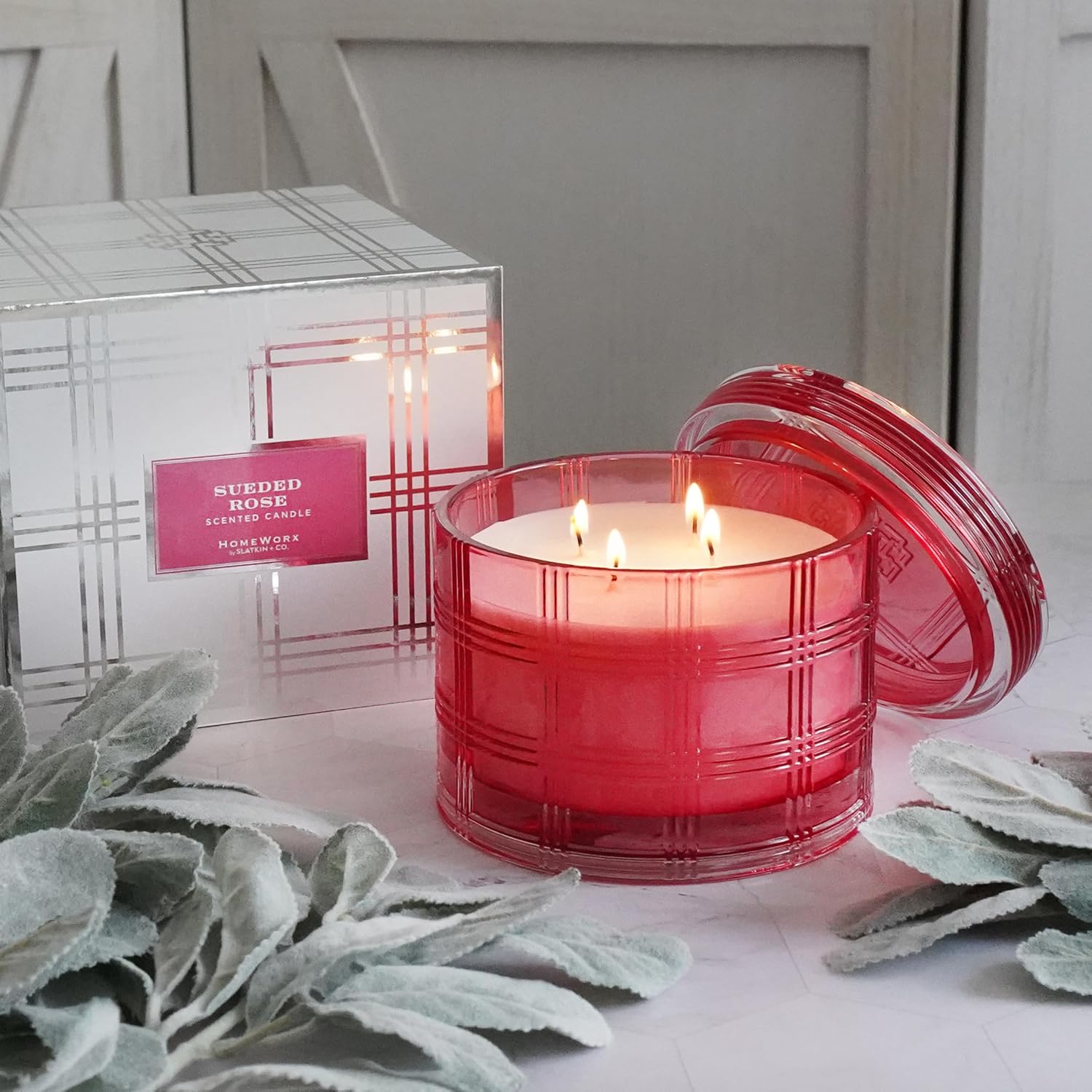 Homeworx Sueded Rose Scented Candle 4 Wick Candle 18 Oz Pink Textured Glass