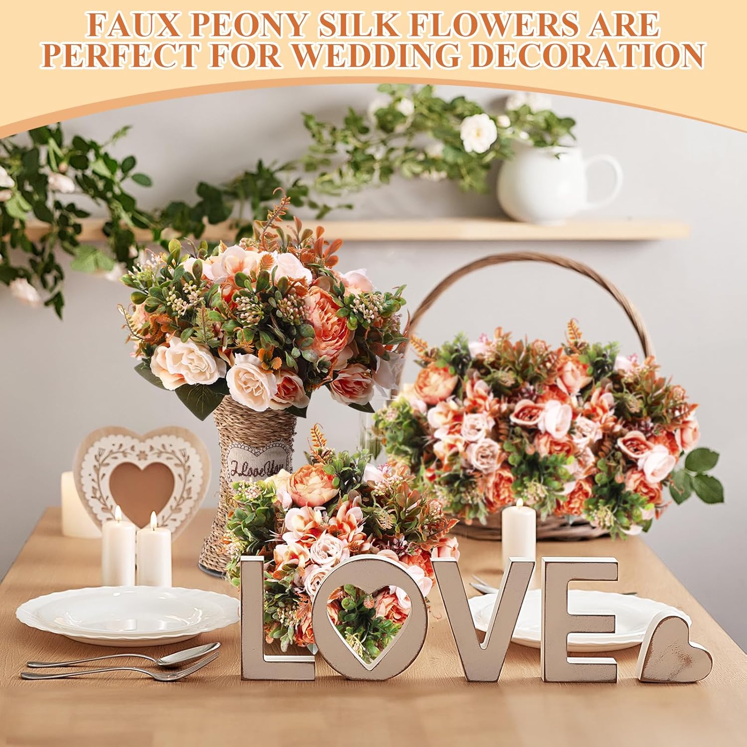 8 Pieces Peonies Artificial Flowers Bouquet Fake Hydrangea Flower Bulk Rose Flowers Centerpieces Arrangement Fall Flowers For Wedding Party Home Women Decoration Mother'S Gift (Orange)