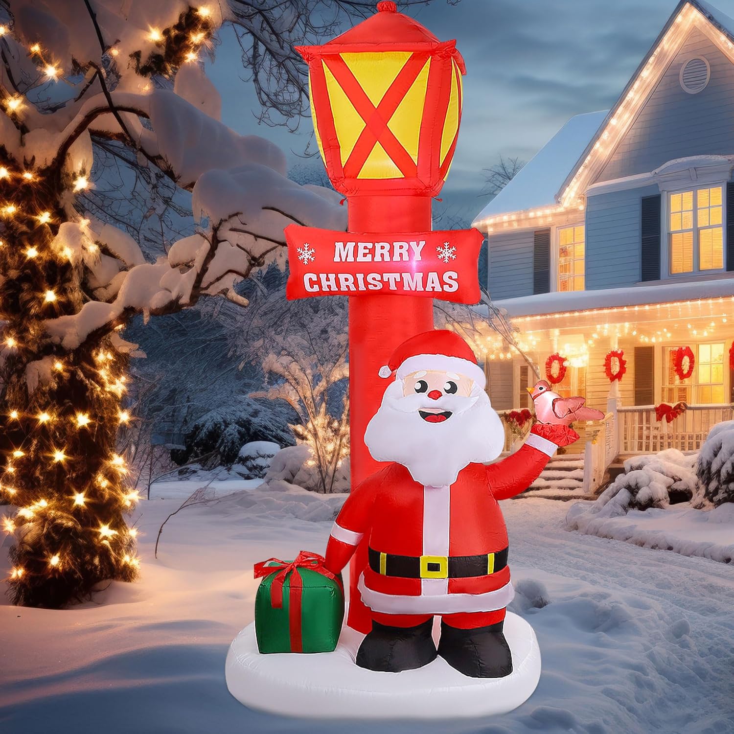 8Ft Christmas Inflatable Yard Decoration, Giant Blow Up Lighthouse With Santa And Redbird With Built-In Led Lights For F