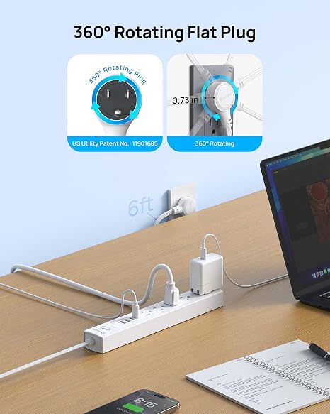 Surge Protector Power Strip 5 Outlets 4 USB Ports 2 USB C 360° Rotating Flat Plug 6FT White