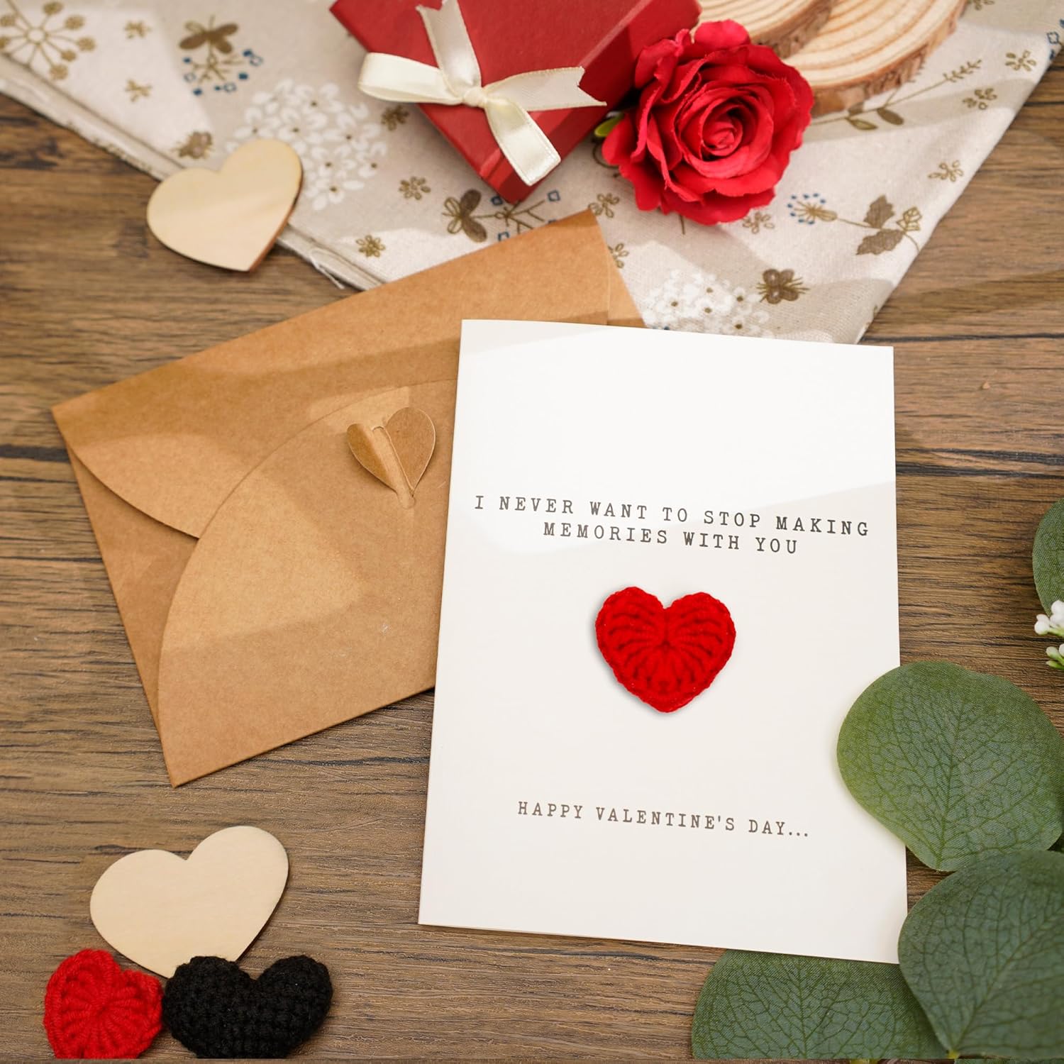 Valentine Day Gifts Card With Handmade Crochet Heart, Happy Valentine'S Day Greetings Romantic Card To Husband Wife, Women, Men, Him, And Her, Romantic Minimalist Love Card With Kraft Envelope