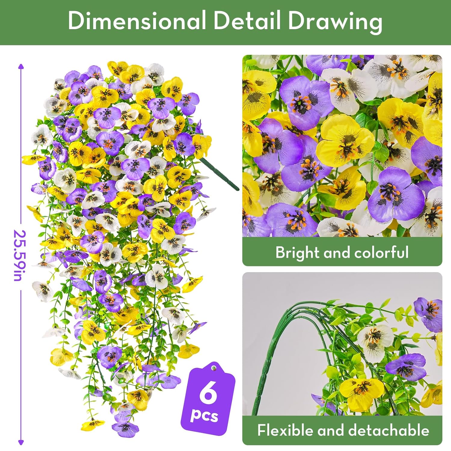 Artificial Fake Hanging Flowers For Outdoors Planters,6Pcs Uv Resistant Faux Pansy Spring Flowers For Outside Porch Patio Garden Window Box (Yellow Purple White)