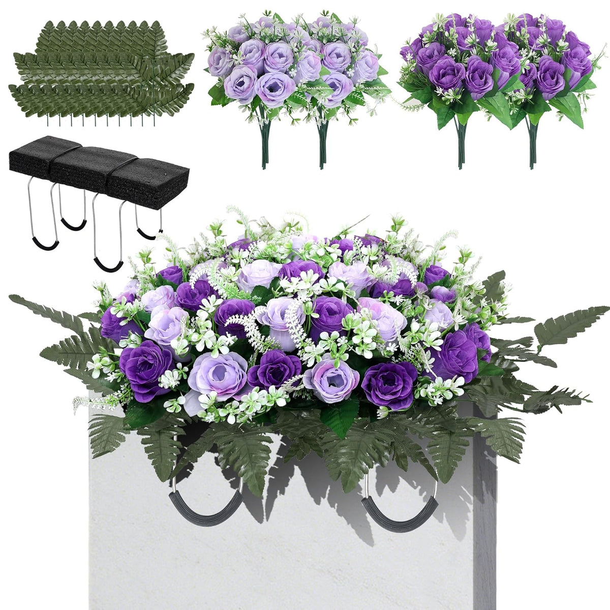 Artificial Cemetery Flower Saddles For Graves – 10 Pcs Silk Fern & 40 Realistic Rose Blossoms With Metal Headstone Holder –Resistant Memorial Flowers For Tombstone Decor (Purple)