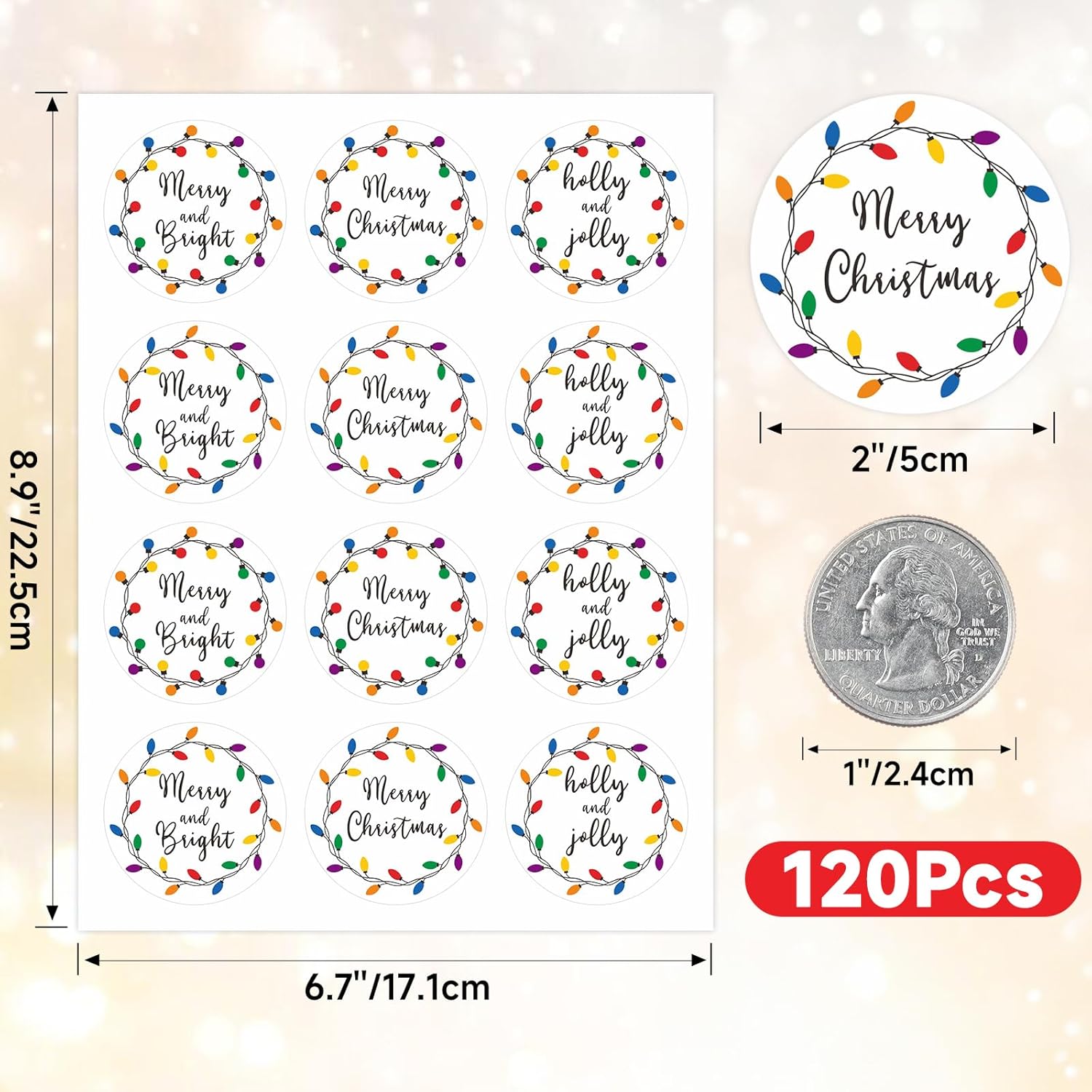 Merry Christmas Gift Stickers,120Pcs 2Inch Christmas Envelope Seal Label Sticker,Self-Adhesive Merry And Bright Stickers,Light Design Xmas Holly And Jolly Sticker,Happy Holiday Sticker For Card