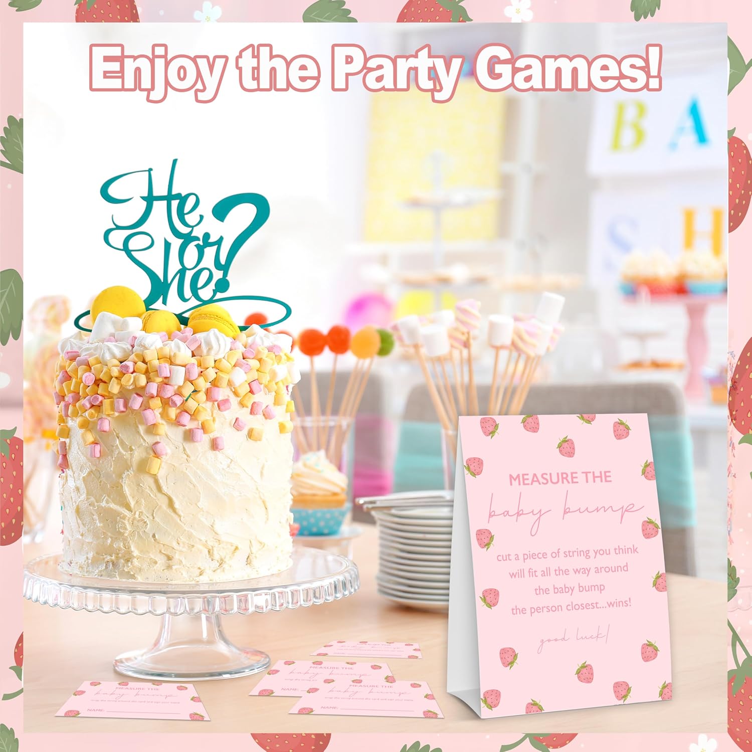 Baby Shower Games For Girl, Strawberry Measure The Baby Bump, 1 Self-Standing Sign With 50 Tickets, Hilarious Babies Shower Games For Gender Reveal Party - A03