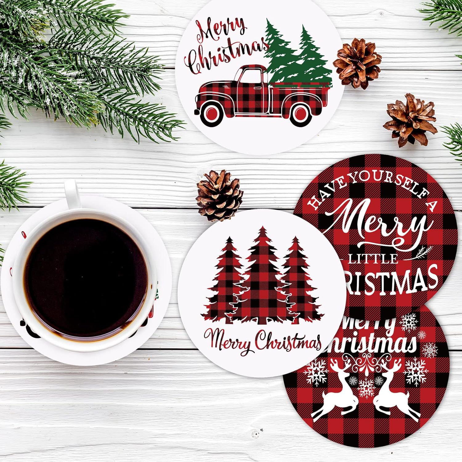 Merry Christmas Coasters Set Of 4 Red Black Buffalo Plaids Drink Coaster Xmas Tree Truck Reindeer Absorbent Ceramic Coaster Holiday Cup Mat For Mugs Cups Home Kitchen Office Party Table Decor