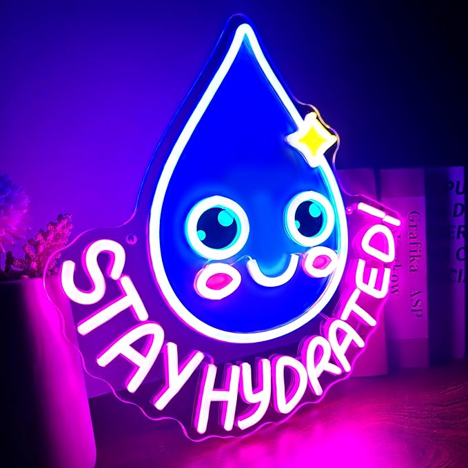 Stay Hydrated Neon Sign H2O Water Molecule LED Wall Light Cute Kawaii Gym Kitchen Bedroom Decor