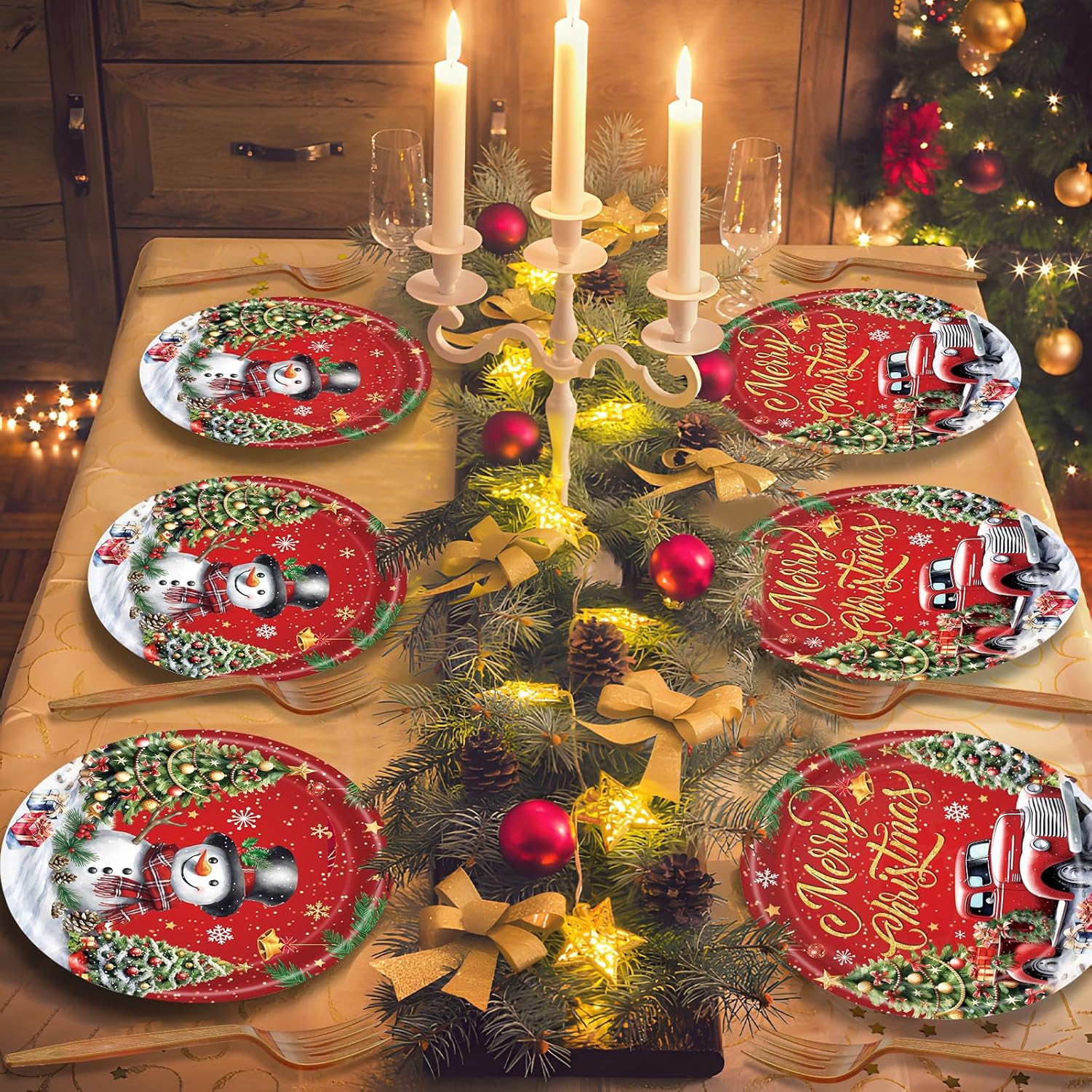 96 Pieces Merry Christmas Tableware Set – Red Truck And Snowman Themed Disposable Party Supplies With Paper Plates, Napkins, And Forks For Holiday Dinners, Christmas Parties, And Winter Events – Serve