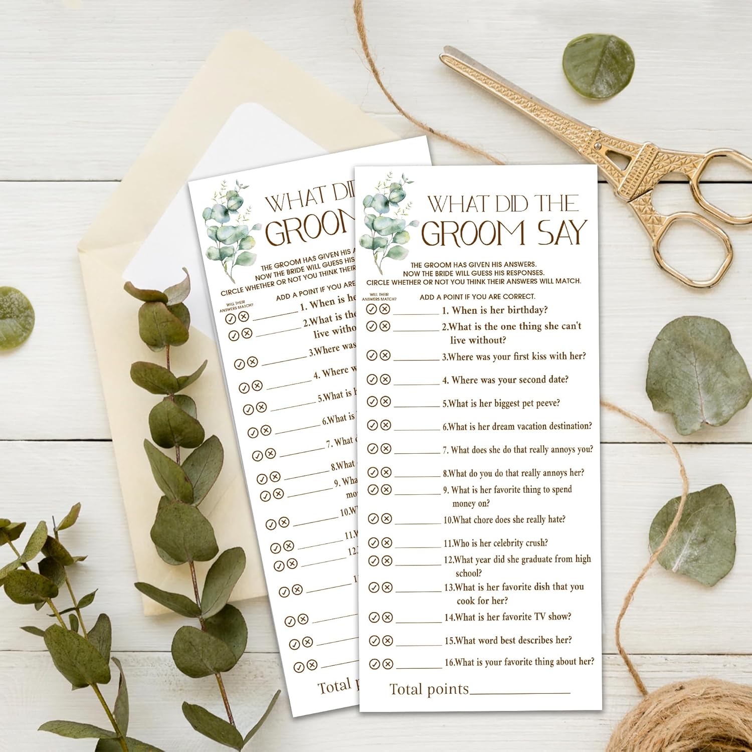 Bridal Shower Games What Did The Groom Say Card, Eucalyptus 25 Pack Wedding Games Cards For Guests(4X9 Inch), Minimalist Wedding Party Supplies-B07