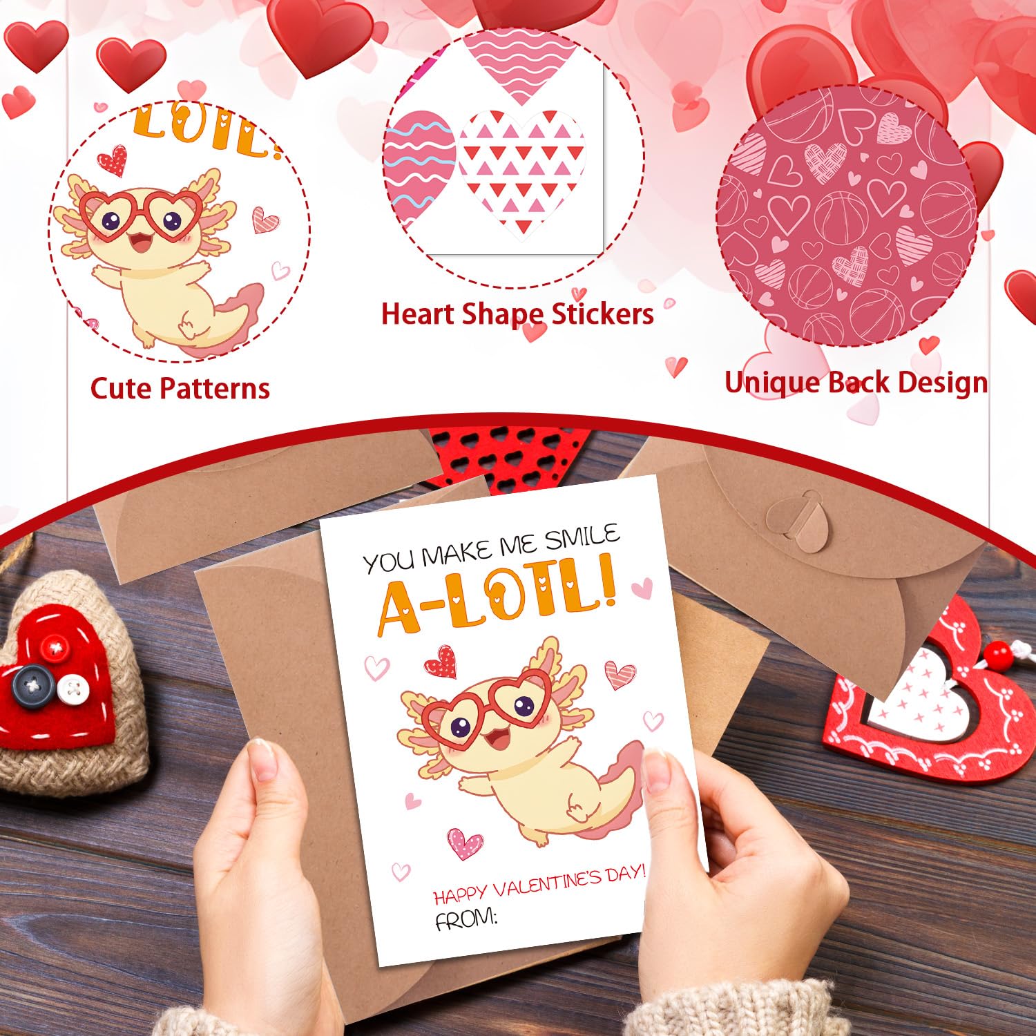 Valentines Cards For Kids Classroom, 48 Pack Axolotl Valentine'S Day Cards For Kids School, Cute Axolotl Valentine Exchange Card Bulk With Envelopes Stickers Gifts For Girls Boys
