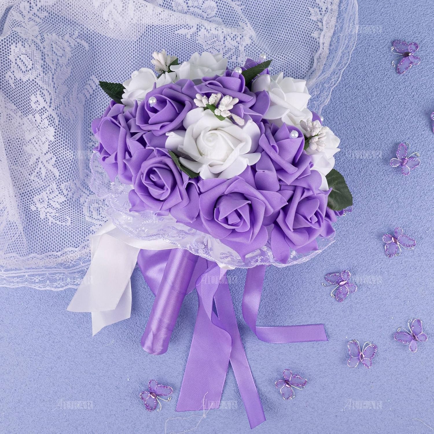 , Wedding Bouquets Flower Bridal Bridesmaid Pearl Silk Artificial Rose For Bride Party And Church (Purple)