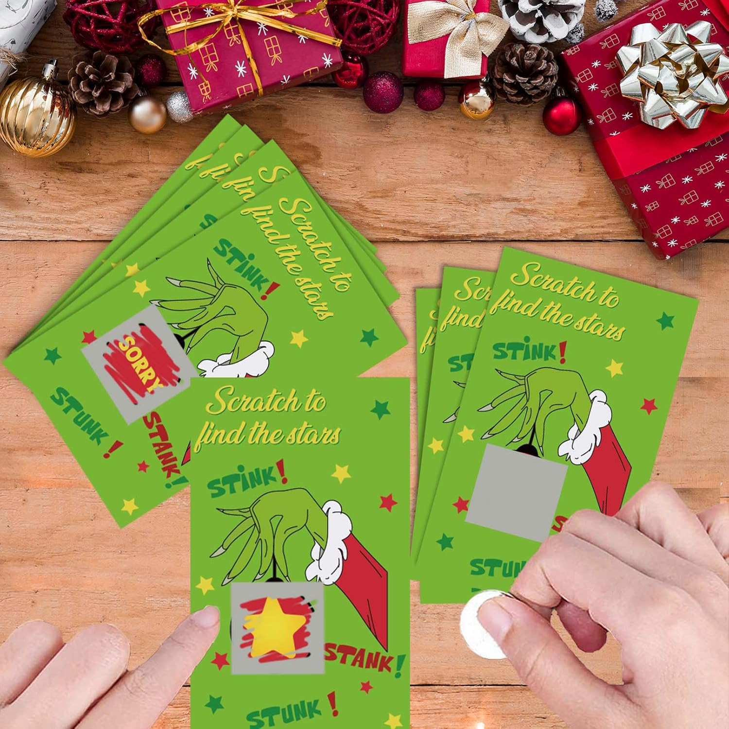 50 Pack Christmas Scratch Off Cards With Stickers For Christmas Party Game, Cartoon Green Xmas Themed Scratch Off Game Cards For Holiday Party Favors Raffle Giveaway Prize Drawing Supplies
