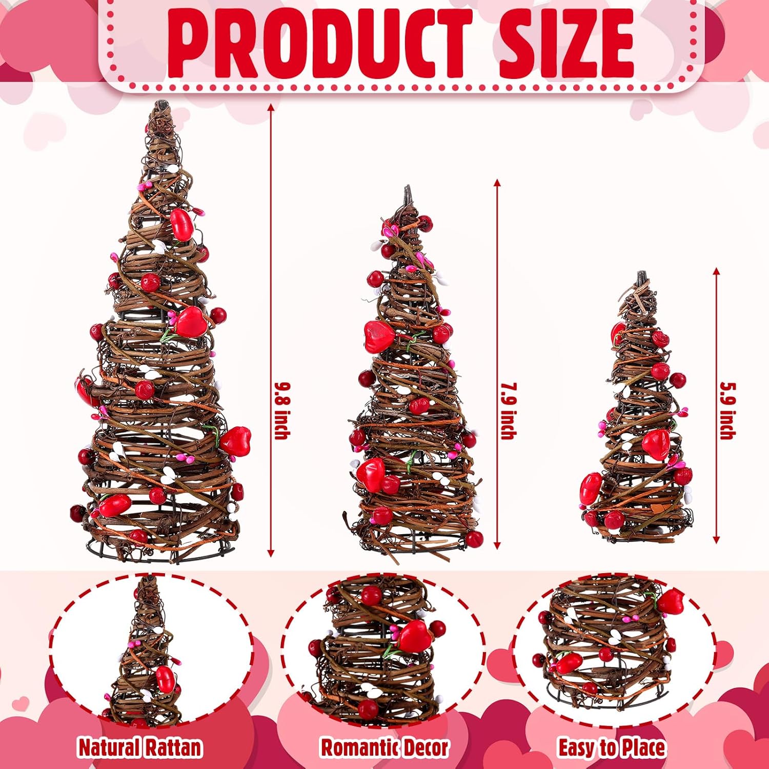 3 Pcs Valentine'S Day Table Rattan Trees-Valentine'S Table Rattan Trees With Berries, Red Pink White Heart Centerpieces Decorations For Wedding Anniversary Party, Romantic Home Decor