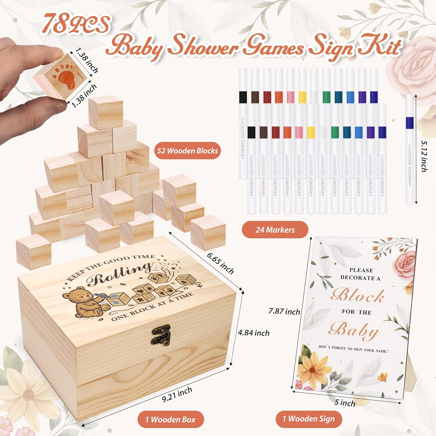 78 Pcs Baby Shower Games Sign Kit For Boys Girls, Wooden Box And Sign, Blank Wooden Blocks For Diy Drawing, Markers, Baby Shower Game For Gender Reveal Activity, Baby Shower Ideas Decorations, Bear B