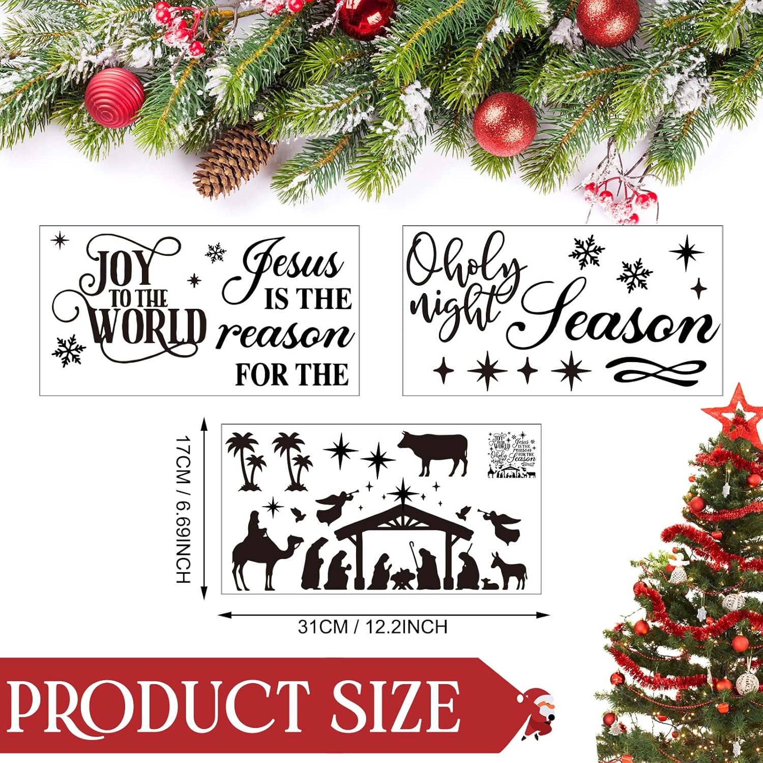 3 Pcs Nativity Scene Wall Decor Stickers Christmas Bible Quotes Christian Vinyl Wall Decal Set Jesus Is The Reason For The Season Bible Verse Wall Decals Joy To The World Wall Stickers For Home