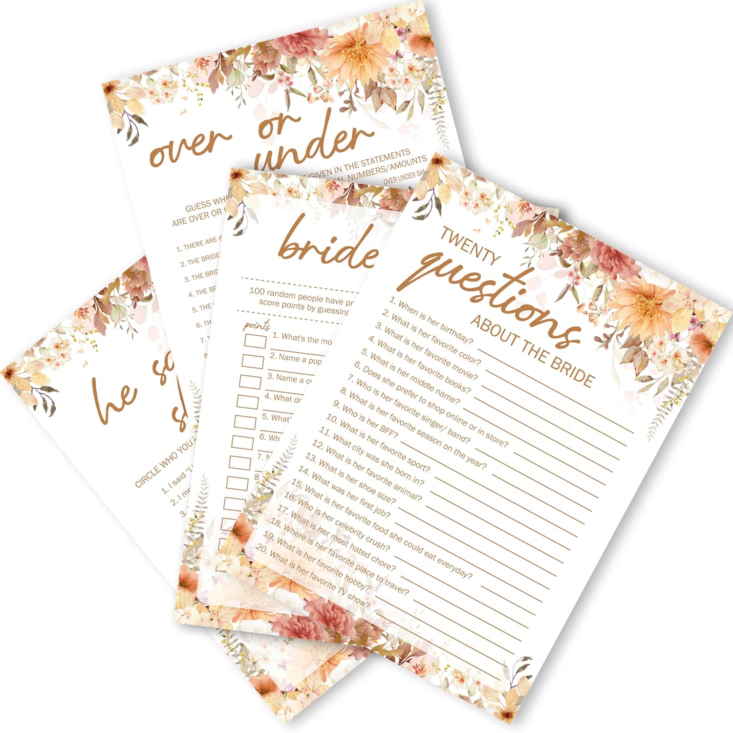 Bridal Shower Games, Boho Floral Games Cards, Fall Wedding Engagement Bachelorette Party Decorations Supplies, 4 Fun Game For 25 Guests, Including He Said She Said And Questions About The Bride- B03