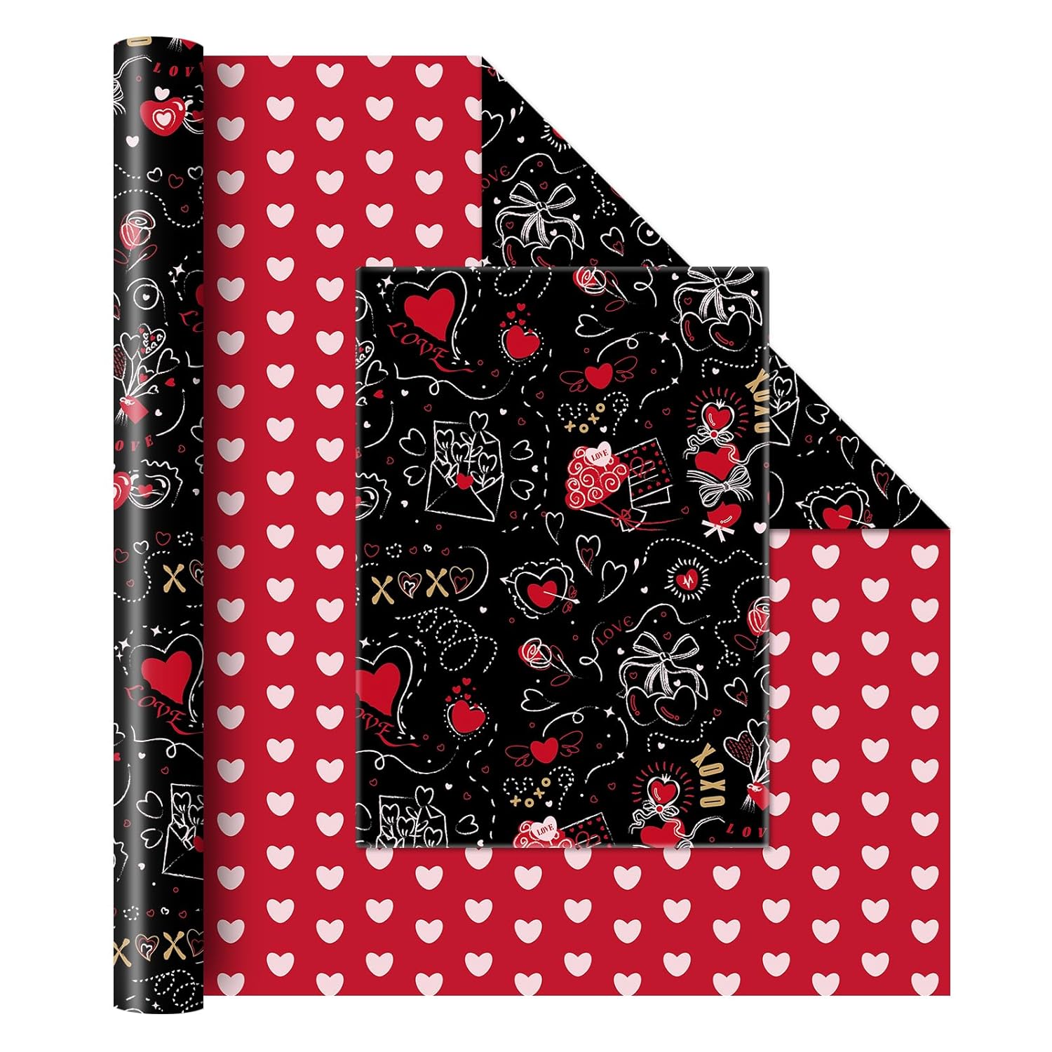 Valentine Wrapping Paper Roll - 1 Roll 17’’ X 33Ft Valentines Day Wrapping Paper Black Red Heart Wrapping Paper Valentine Gifts Wrap For Men Women Xoxo Design With Cutting Line