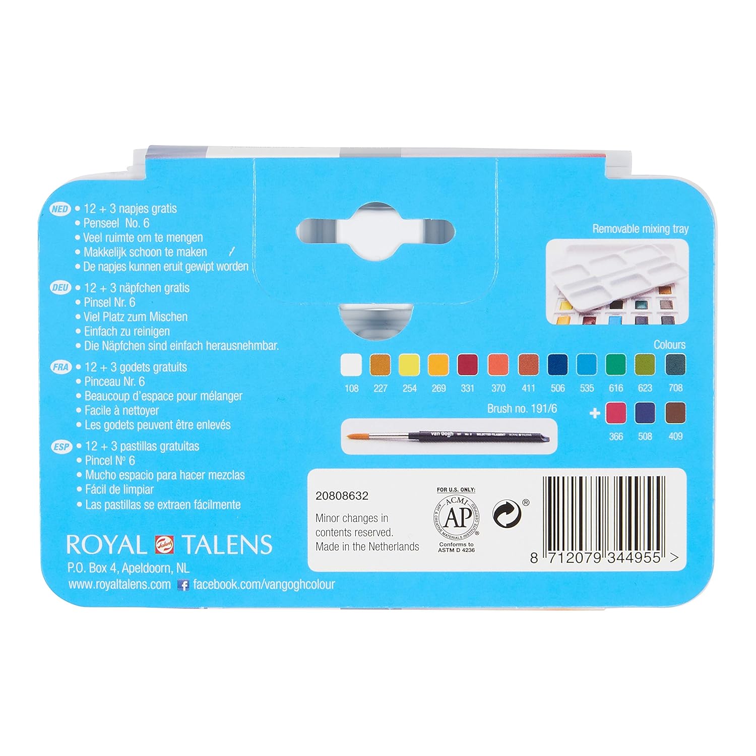 Watercolor Paint Set, Plastic Pocketbox, 12-Half Pan + 3-Half Pan Bonus General Selection