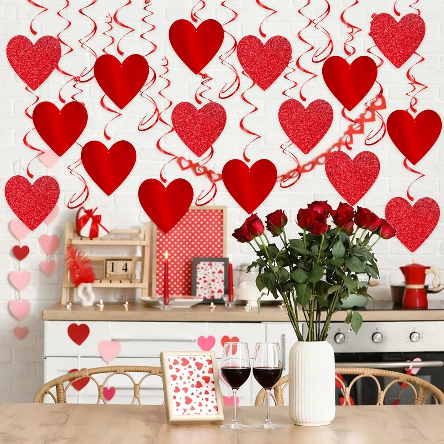 Glitter Red Hanging Heart Swirls Decorations, 40Pcs Valentine'S Day Love Heart Streamers Ceiling Hanging Swirls For Romantic Galentines Anniversary Party Supplies
